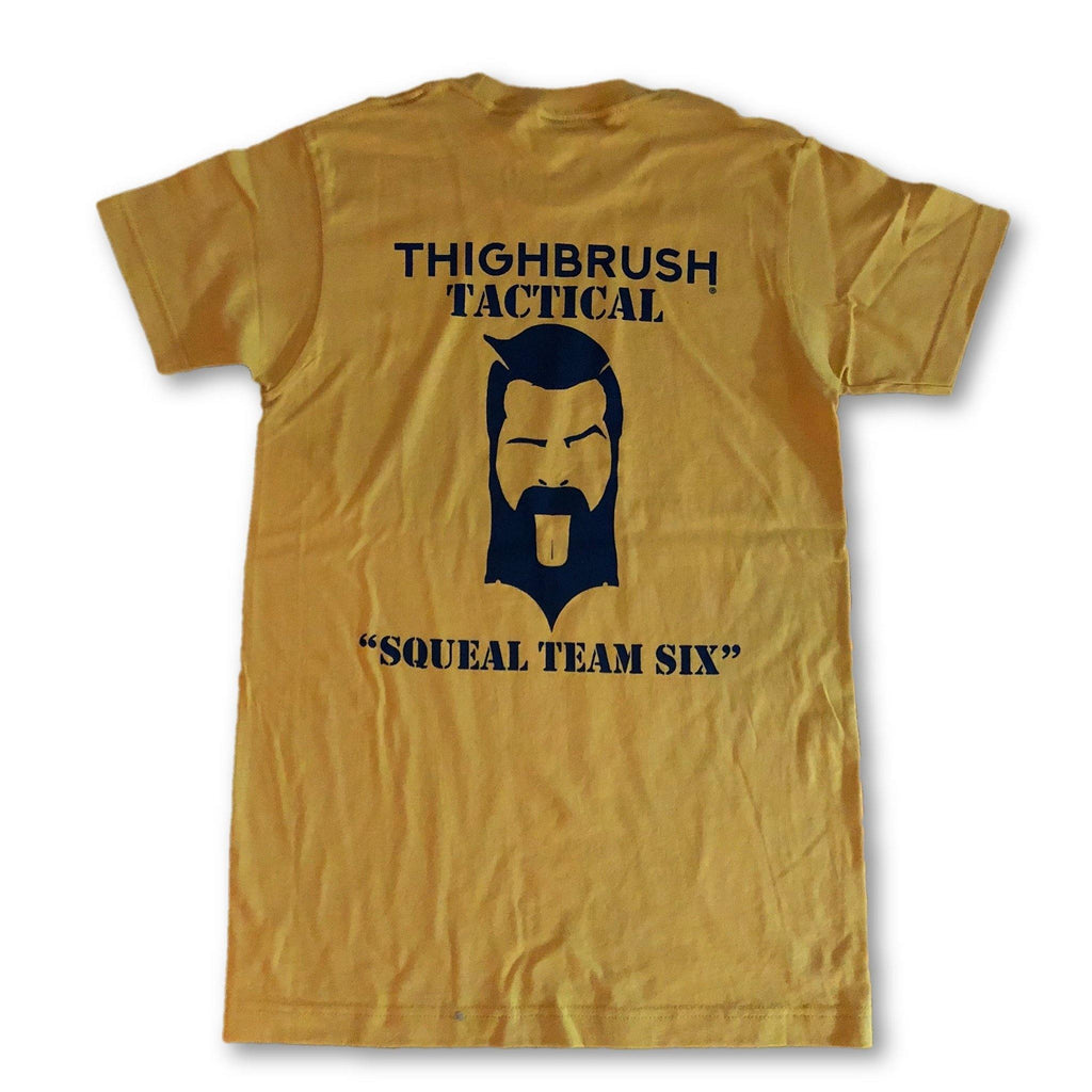 THIGHBRUSH® TACTICAL -  ARMED FORCES COLLECTION - "Squeal Team Six" Men's T-Shirt - Gold and Navy Blue - thighbrush