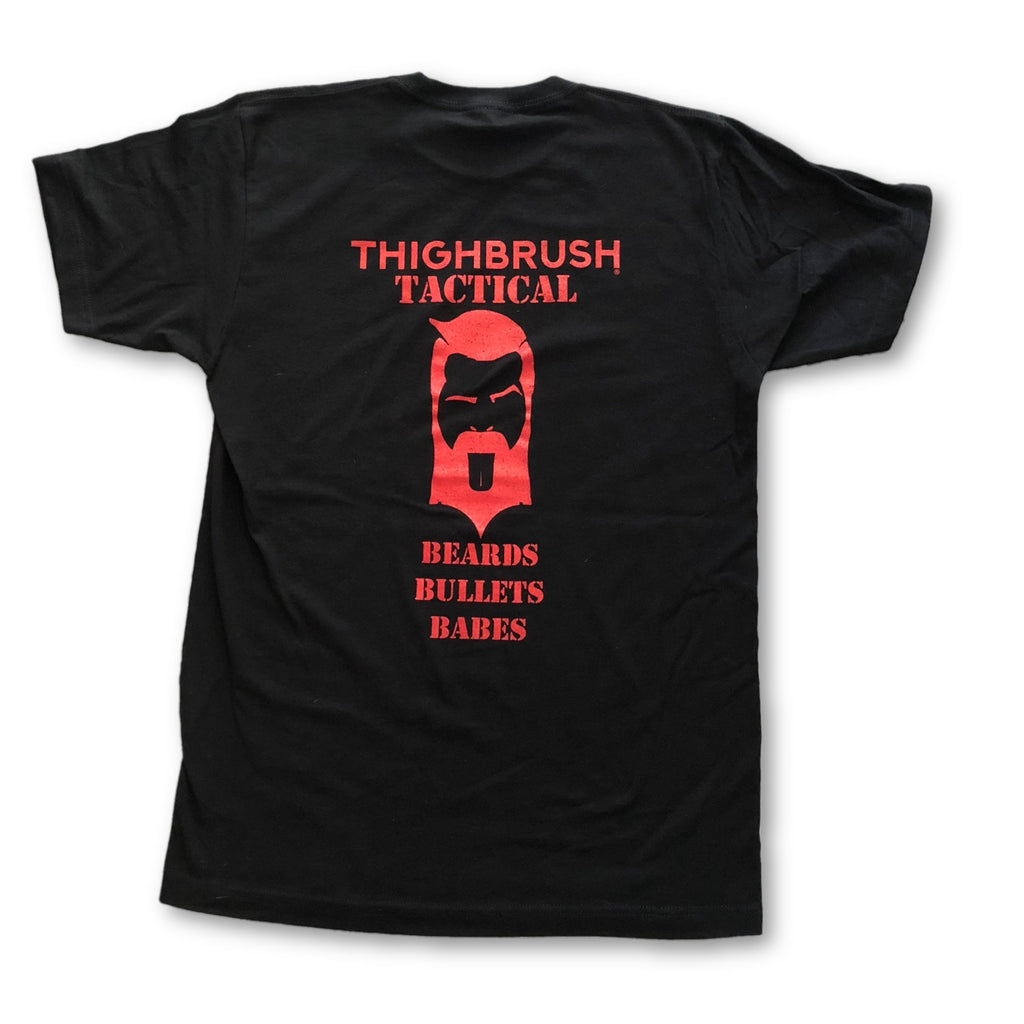 THIGHBRUSH® TACTICAL - BEARDS. BULLETS. BABES. - Men's T-Shirt - Black and Red - 