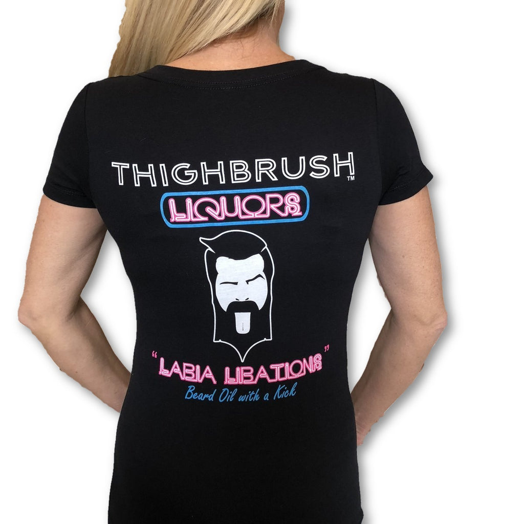 THIGHBRUSH® LIQUORS - Women's T-Shirt - V-Neck - Black - Multi Logo - thighbrush