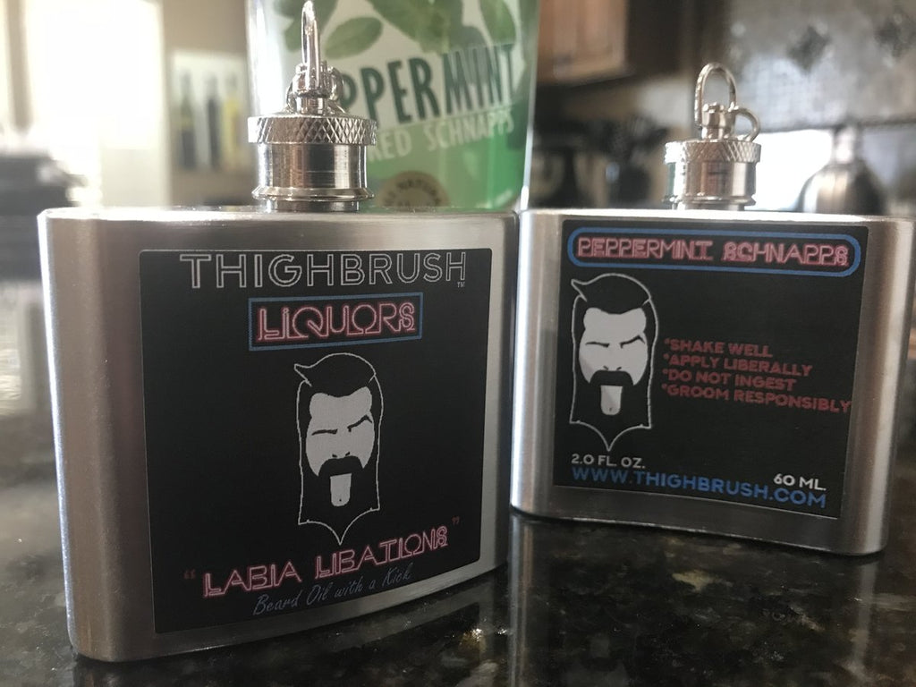 THIGHBRUSH LIQUORS - Labia Libations - Beard Oil with a Kick - 2 Ounce Keychain Flask - Peppermint Schnapps - thighbrush