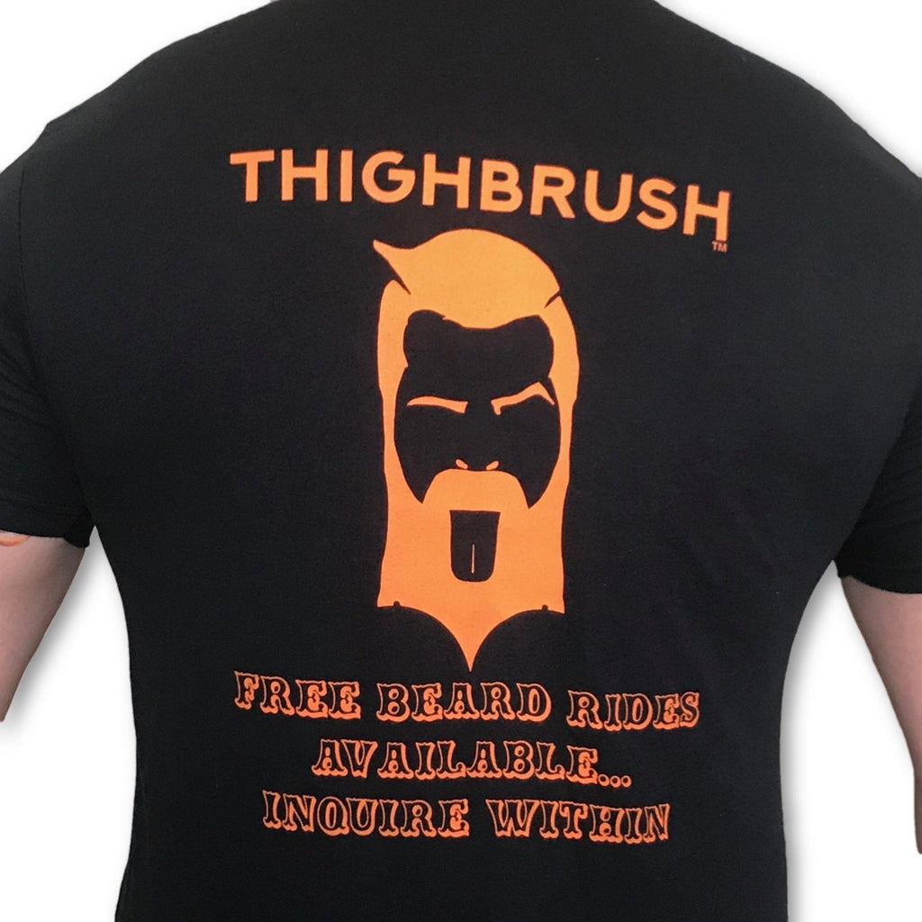 THIGHBRUSH® - "FREE Beard Rides Available...Inquire Within" Men's T-Shirt - Black with Orange - thighbrush