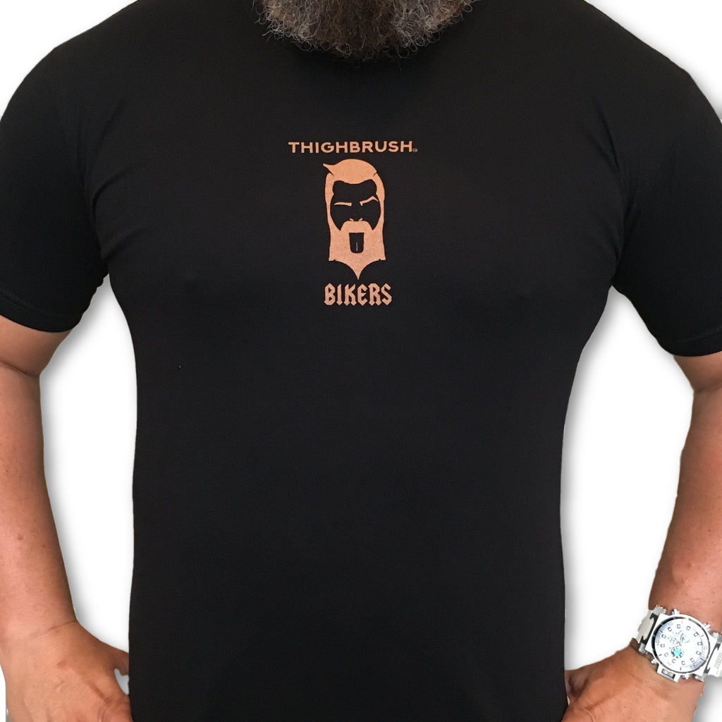 THIGHBRUSH® BIKERS - "Perfect for Your Soft-Tail (And Your Hard-Tail Also)" - Men's T-Shirt - Black and Bronze - thighbrush