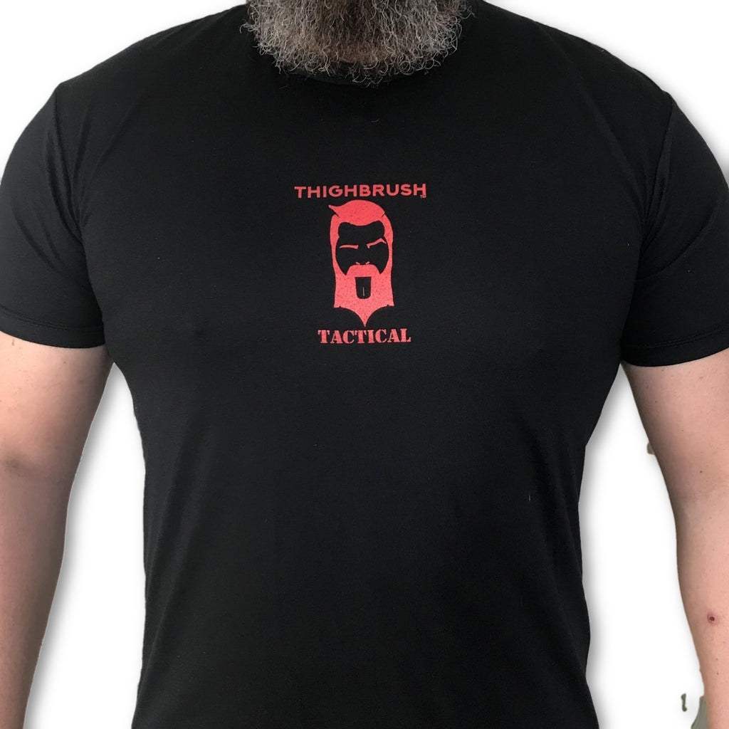 THIGHBRUSH® TACTICAL - Beards. Bullets. Babes. - Men's T-Shirt - Black and Red - thighbrush