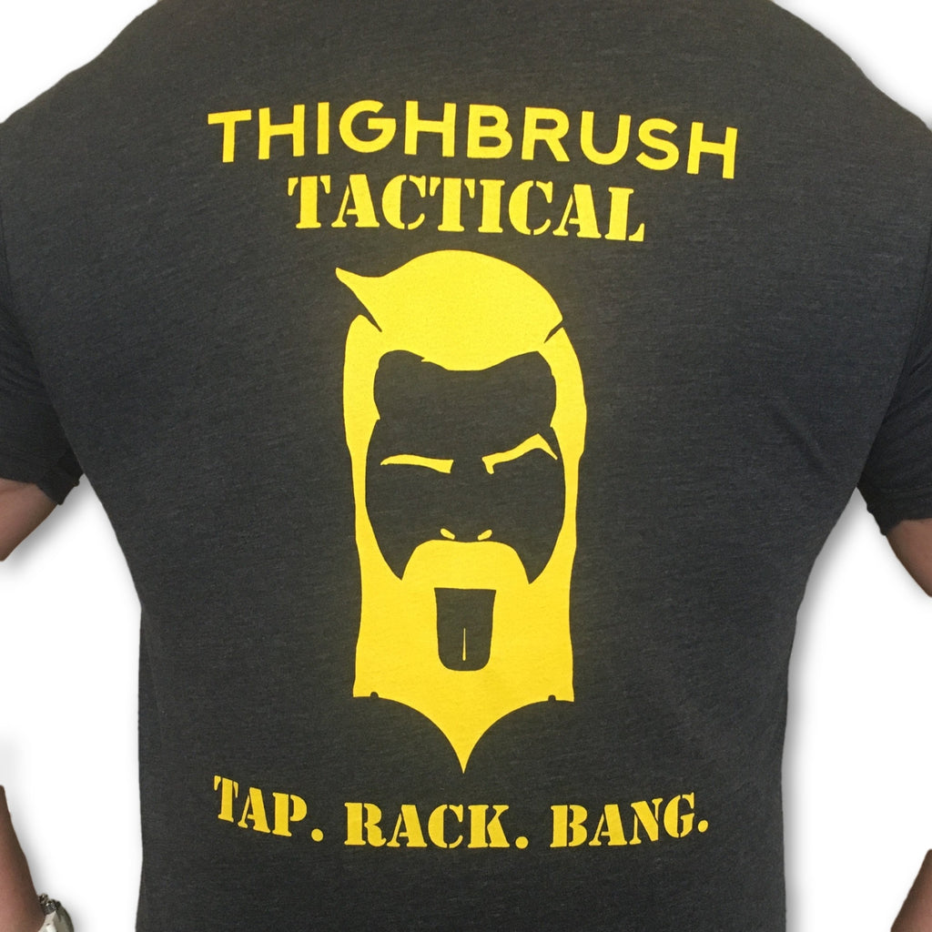 THIGHBRUSH® TACTICAL - "Tap. Rack. Bang." -Men's T-Shirt - Heather Charcoal - thighbrush