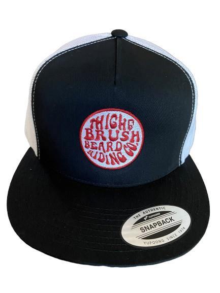THIGHBRUSH® BEARD RIDING COMPANY - Trucker Snapback Hat - Black and White - Flat Bill - Red Logo