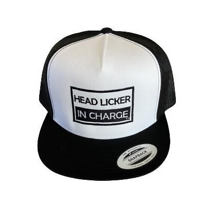 THIGHBRUSH® "HEAD LICKER IN CHARGE" - Trucker Snapback Hat - White and Black - Flat Bill