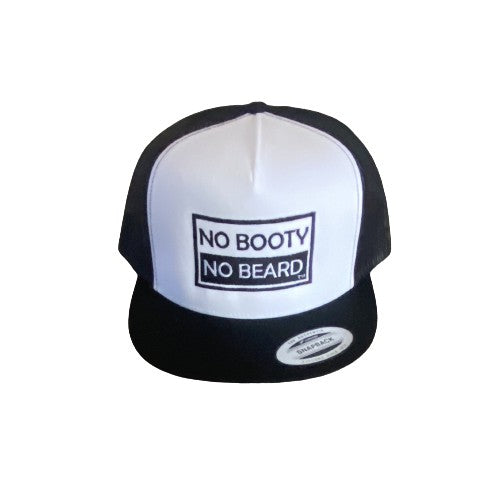 THIGHBRUSH® "NO BOOTY NO BEARD" - Trucker Snapback Hat  - White and Black - Flat Bill