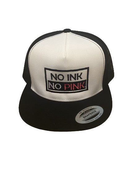 THIGHBRUSH® "NO INK NO PINK" - Trucker Snapback Hat  - White and Black - Flat Bill