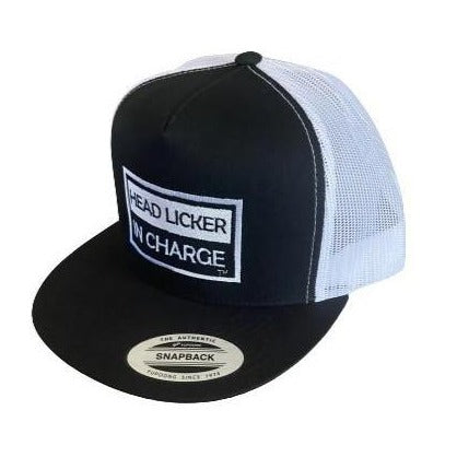 THIGHBRUSH® "HEAD LICKER IN CHARGE" - Trucker Snapback Hat  - Black and White - Flat Bill
