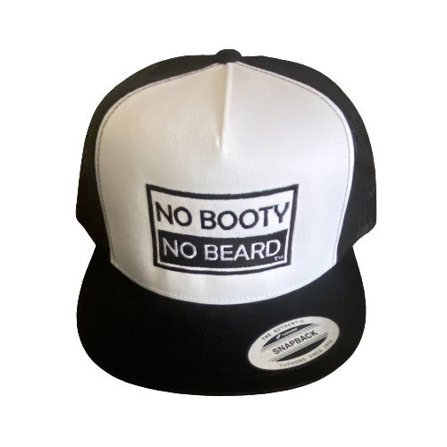THIGHBRUSH® "NO BOOTY NO BEARD" - Trucker Snapback Hat  - White and Black - Flat Bill