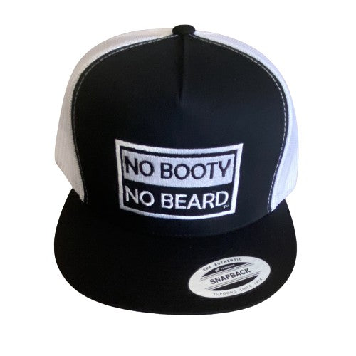 THIGHBRUSH® "NO BOOTY NO BEARD" - Trucker Snapback Hat  - Black and White - Flat Bill