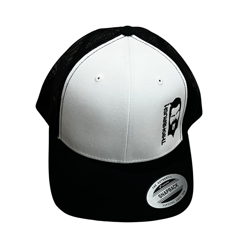THIGHBRUSH® - Trucker Snapback Hat - White and Black - Black Logo - 