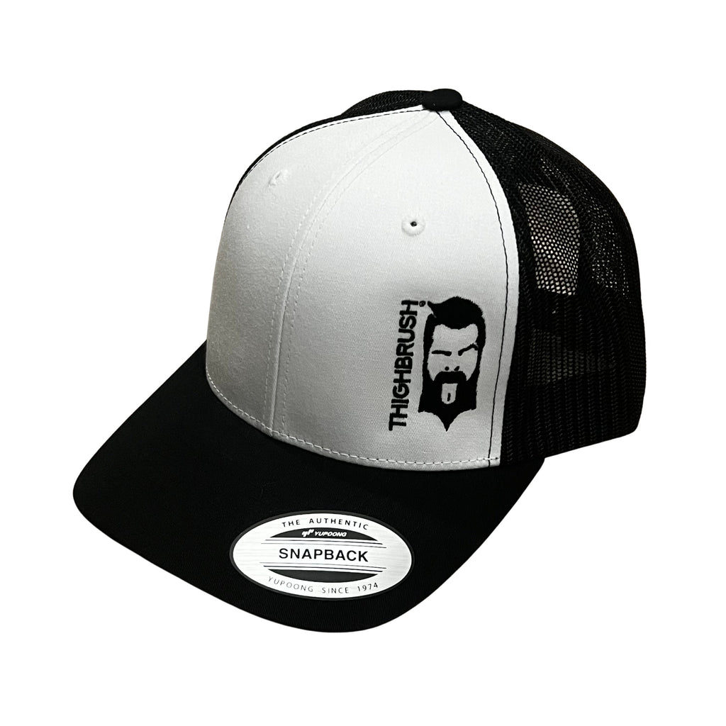 THIGHBRUSH® - Trucker Snapback Hat - White and Black - Black Logo - 