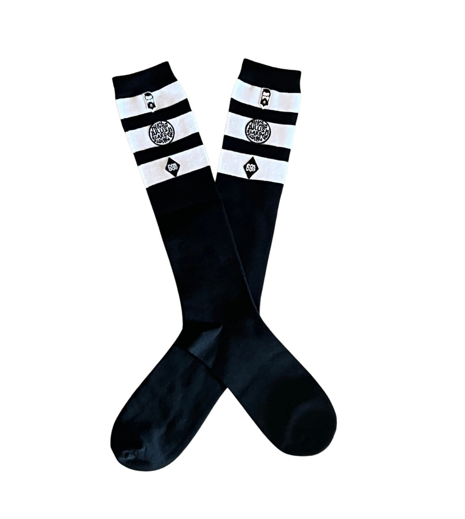 THIGHBRUSH® - Embroidered Knee Hi Socks  - Triple Striped Top - Black