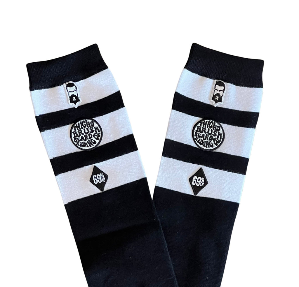 THIGHBRUSH® - Embroidered Knee Hi Socks  - Triple Striped Top - Black