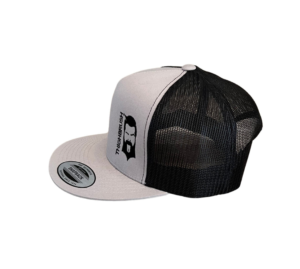 THIGHBRUSH® - Trucker Snapback Hat - Silver and Black - Black Logo - Flat Bill - 