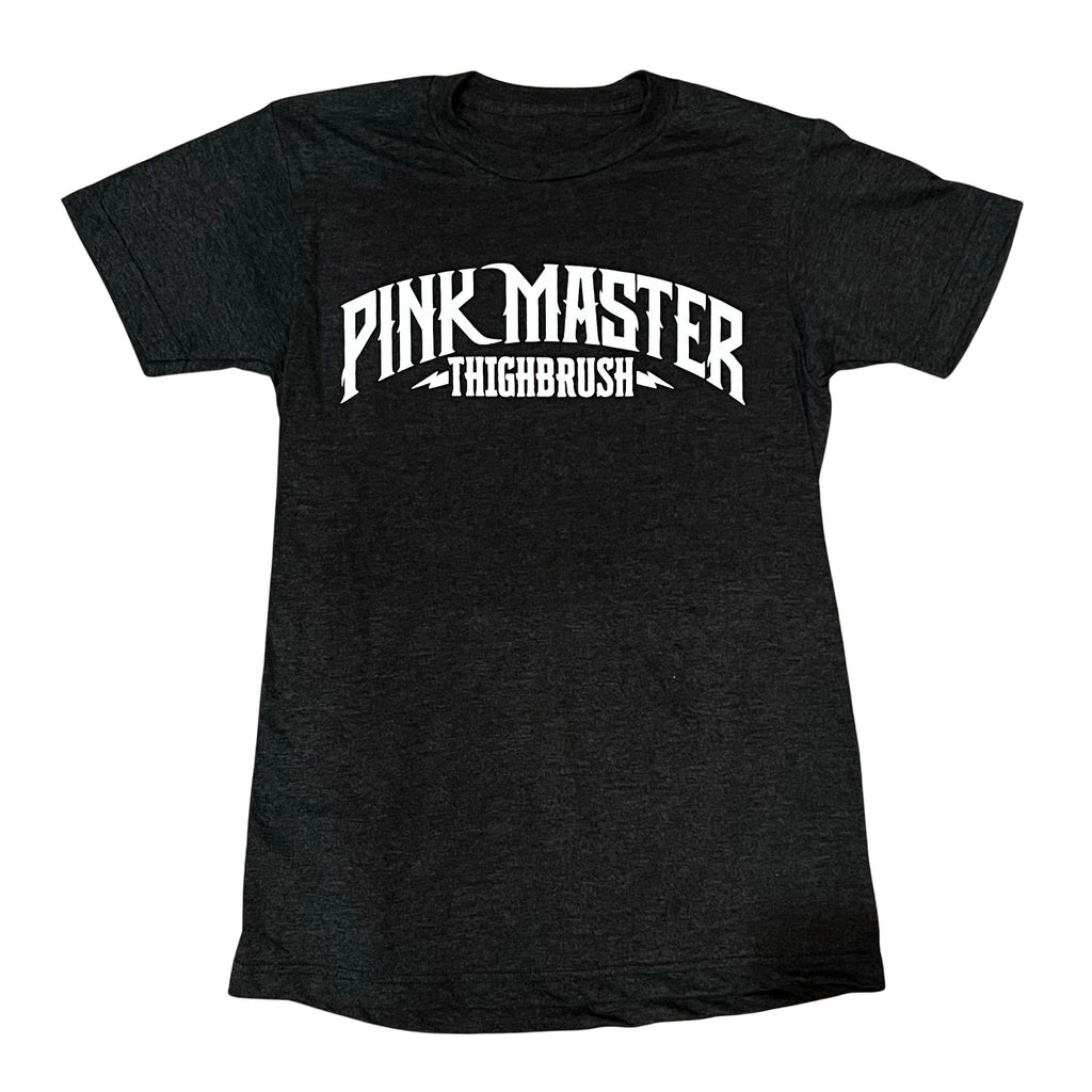 THIGHBRUSH®  “PINK MASTER” Men's T-Shirt in Heather Charcoal Grey with White Print/Logo. Available in Sizes Small-XXX-Large. Pre-Shrunk. 50% Polyester, 50% Cotton.